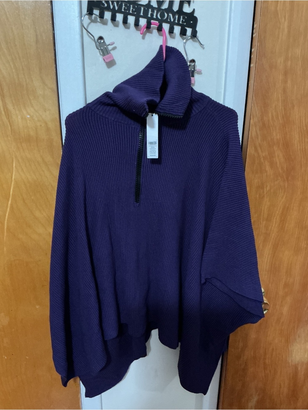 Chico's Deep Purple Ribbed Half-Zip Poncho Sweater